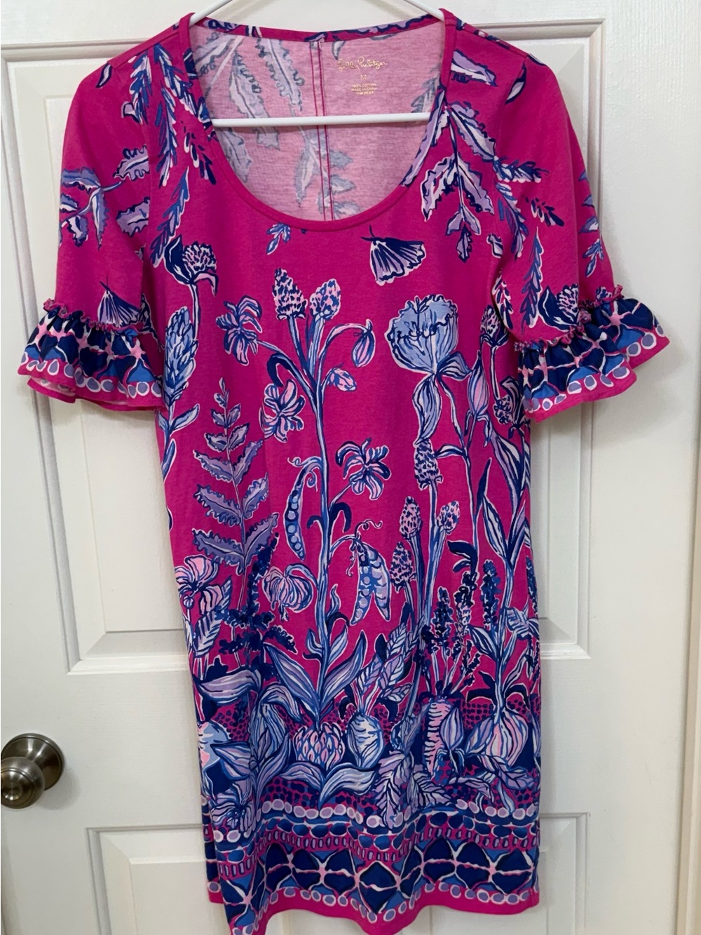 Lilly Pulitzer Bright Pink Floral Shift Dress with Ruffle Sleeves Size M